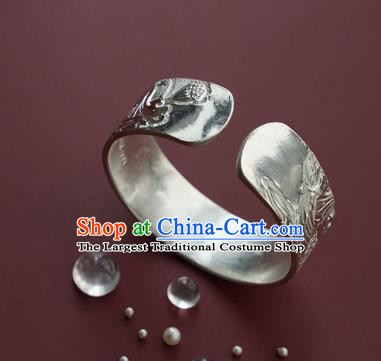 China Handmade Silver Bracelet Traditional National Carving Lotus Bangle Jewelry Accessories