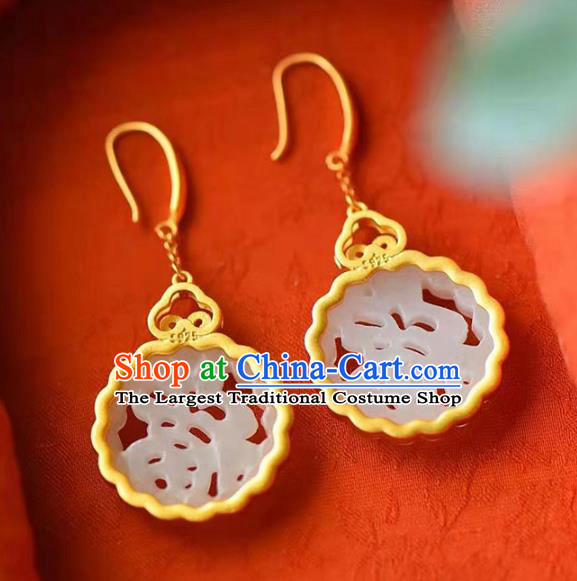 Handmade China Golden Cloud Ear Jewelry Accessories Traditional Cheongsam White Jade Lucky Earrings