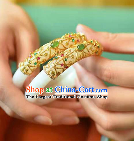 China Handmade Emerald Bracelet Traditional Jewelry Accessories National White Jade Bangle