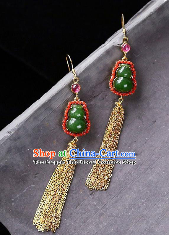 Handmade China Golden Tassel Ear National Jewelry Accessories Traditional Cheongsam Jade Gourd Earrings