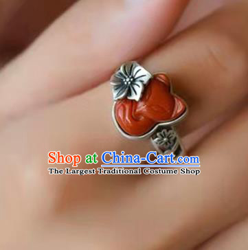China National Agate Carving Fox Ring Jewelry Traditional Handmade Silver Circlet Accessories