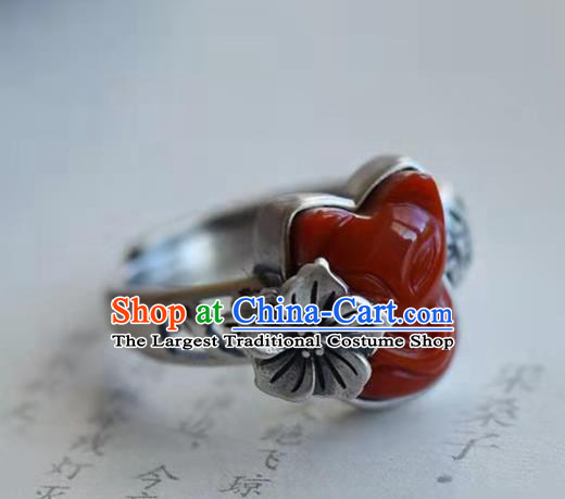 China National Agate Carving Fox Ring Jewelry Traditional Handmade Silver Circlet Accessories