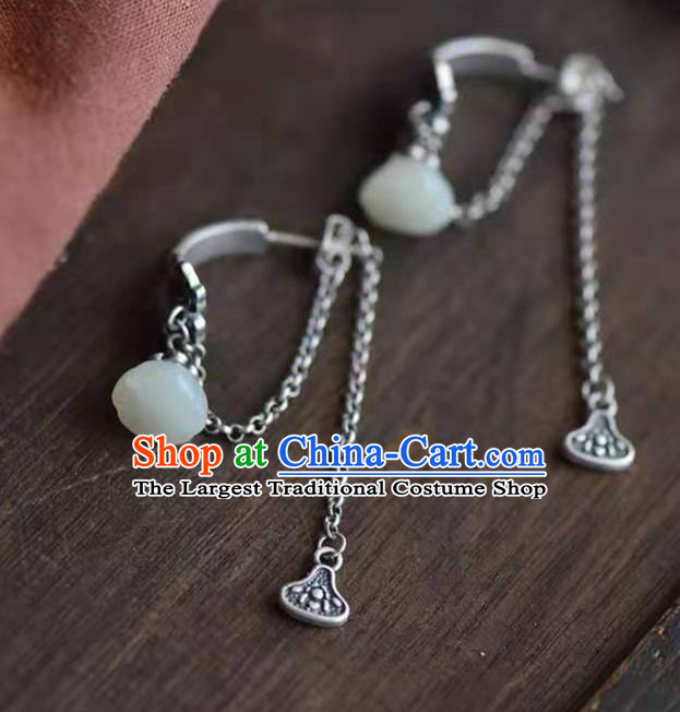 Handmade China Jade Lotus Seedpod Ear National Jewelry Accessories Traditional Cheongsam Silver Earrings
