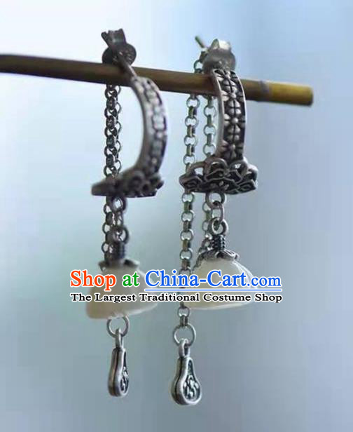 Handmade China Jade Lotus Seedpod Ear National Jewelry Accessories Traditional Cheongsam Silver Earrings
