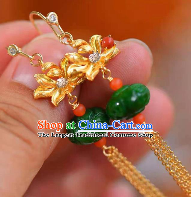 Handmade China Jade Carving Ear National Jewelry Accessories Traditional Cheongsam Golden Lotus Tassel Earrings