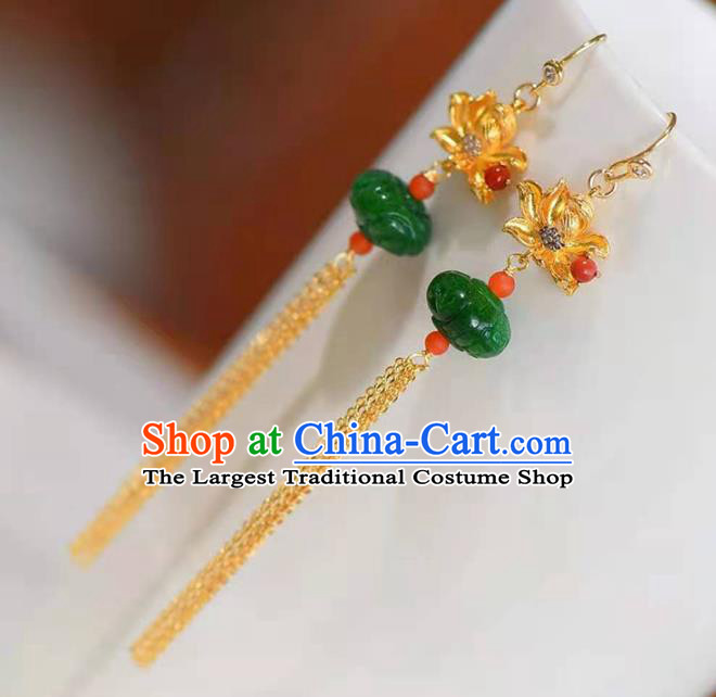Handmade China Jade Carving Ear National Jewelry Accessories Traditional Cheongsam Golden Lotus Tassel Earrings