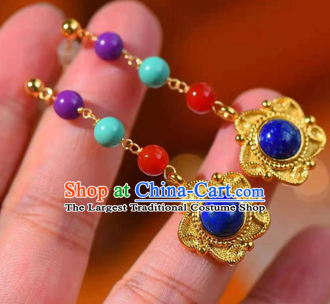 Handmade China Golden Ear National Jewelry Accessories Traditional Cheongsam Lapis Earrings
