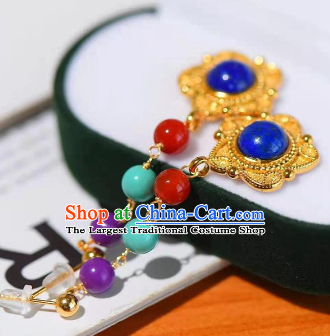 Handmade China Golden Ear National Jewelry Accessories Traditional Cheongsam Lapis Earrings