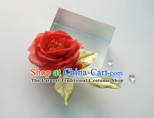 China Traditional Tang Dynasty Palace Lady Red Silk Camellia Hair Jewelry Handmade Hair Accessories Hairpin