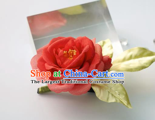 China Traditional Tang Dynasty Palace Lady Red Silk Camellia Hair Jewelry Handmade Hair Accessories Hairpin