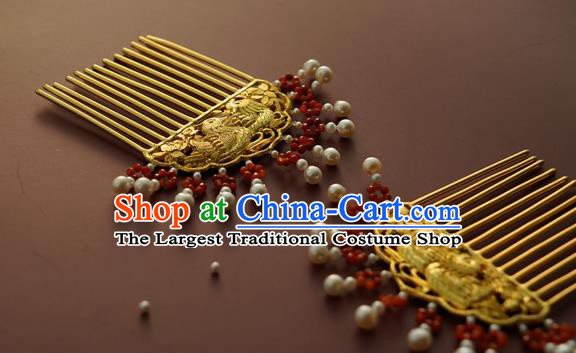 China Traditional Golden Mandarin Duck Hairpin Tang Dynasty Pearls Hair Comb Handmade Hair Accessories