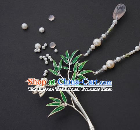China Traditional Silver Bamboo Hairpin Handmade Hair Accessories Song Dynasty Pearls Tassel Hair Stick