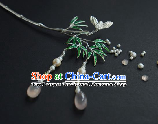 China Traditional Silver Bamboo Hairpin Handmade Hair Accessories Song Dynasty Pearls Tassel Hair Stick