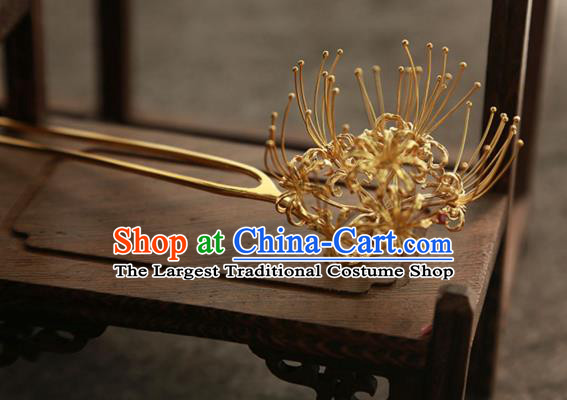 China Traditional Court Empress Hairpin Handmade Hair Accessories Tang Dynasty Golden Manjusaka Hair Stick