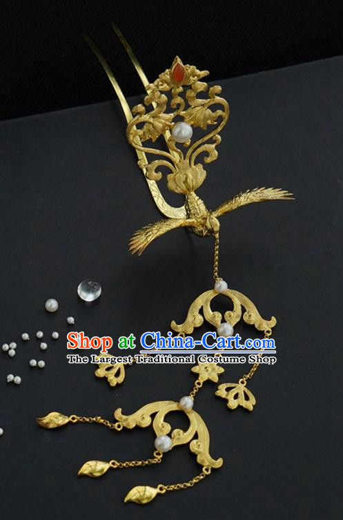 China Traditional Court Tassel Hairpin Handmade Hair Accessories Ming Dynasty Golden Phoenix Hair Crown