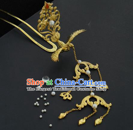 China Traditional Court Tassel Hairpin Handmade Hair Accessories Ming Dynasty Golden Phoenix Hair Crown