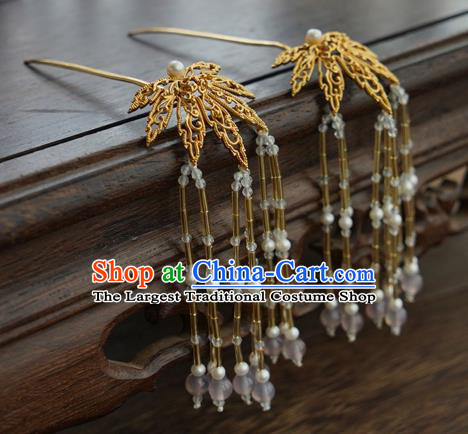 China Traditional Court Golden Leaf Hairpin Handmade Hair Accessories Tang Dynasty Tassel Hair Stick