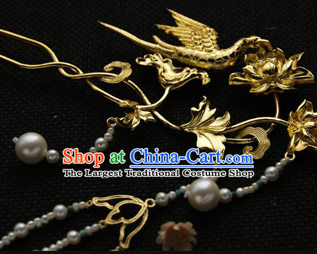 China Ming Dynasty Empress Tassel Hairpin Handmade Hair Accessories Traditional Golden Phoenix Lotus Hair Stick