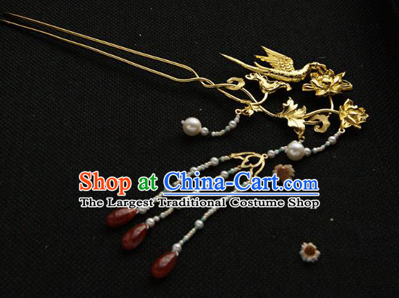 China Ming Dynasty Empress Tassel Hairpin Handmade Hair Accessories Traditional Golden Phoenix Lotus Hair Stick