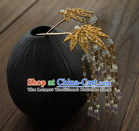 China Traditional Court Golden Leaf Hairpin Handmade Hair Accessories Tang Dynasty Tassel Hair Stick