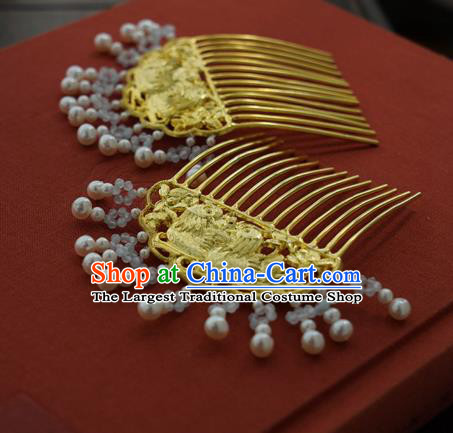 China Traditional Court Golden Hairpin Handmade Hair Accessories Ming Dynasty Pearls Tassel Hair Comb