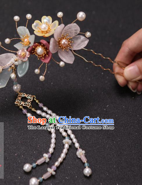 China Handmade Hairpin Ancient Princess Pearls Tassel Hair Stick Traditional Ming Dynasty Hair Accessories