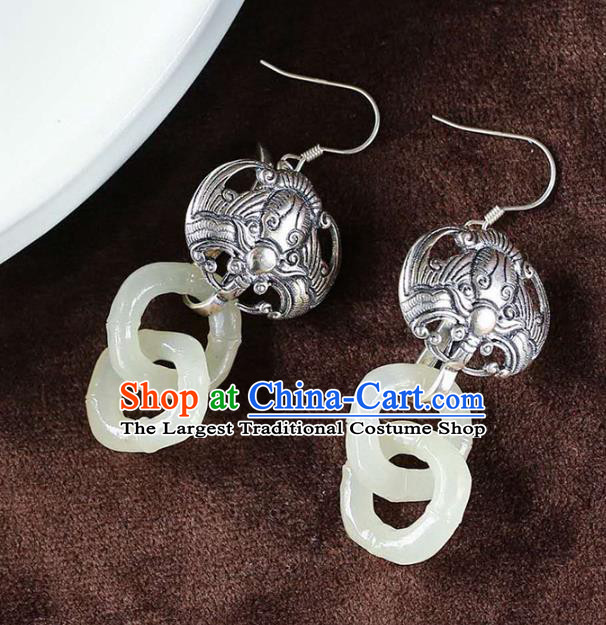 Handmade China Silver Carving Bat Ear Jewelry Accessories Traditional National Cheongsam Jade Bamboo Earrings