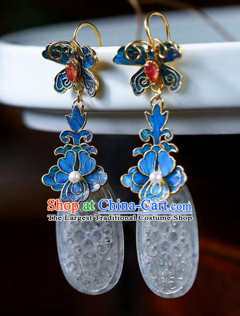 Handmade China Court Jade Ear Jewelry Accessories Traditional National Cheongsam Blueing Peony Earrings