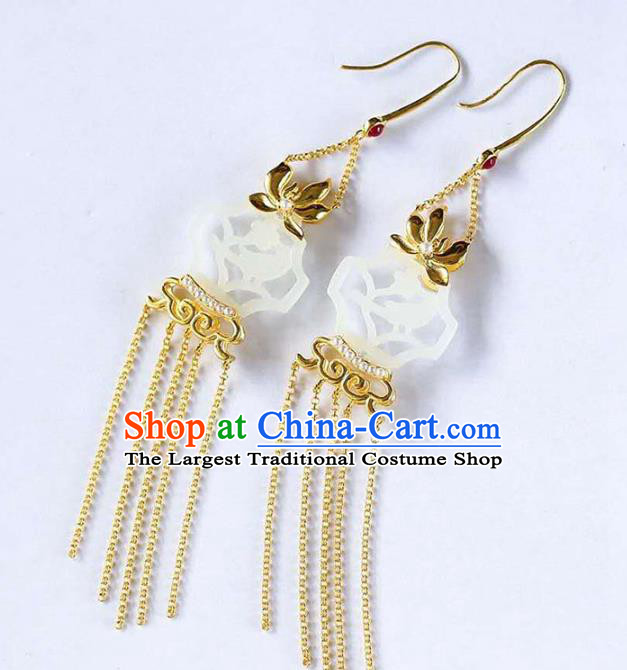 Handmade China Jade Carving Ear Jewelry Accessories Traditional National Cheongsam Golden Orchids Earrings
