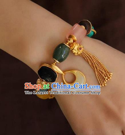 China Handmade Golden Tassel Bracelet Traditional Jewelry Accessories National Colorful Stone Bangle
