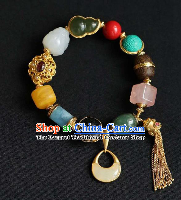 China Handmade Golden Tassel Bracelet Traditional Jewelry Accessories National Colorful Stone Bangle