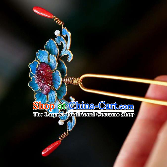 Chinese Traditional Hair Jewelry Handmade Qing Dynasty Empress Blueing Peony Hairpin
