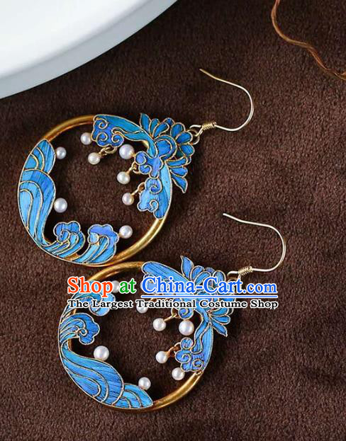 Handmade China Blueing Lotus Ear Jewelry Accessories Traditional Cheongsam Pearls Earrings