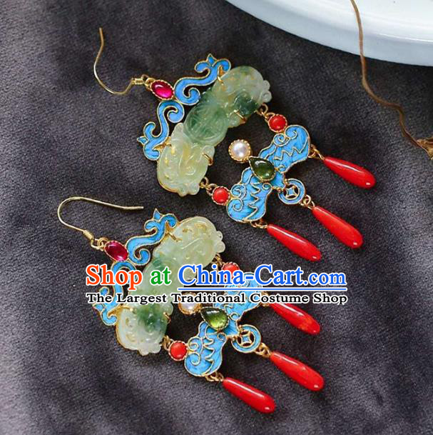 Handmade China Qing Dynasty Palace Ear Jewelry Accessories Traditional Cheongsam Blueing Jade Earrings