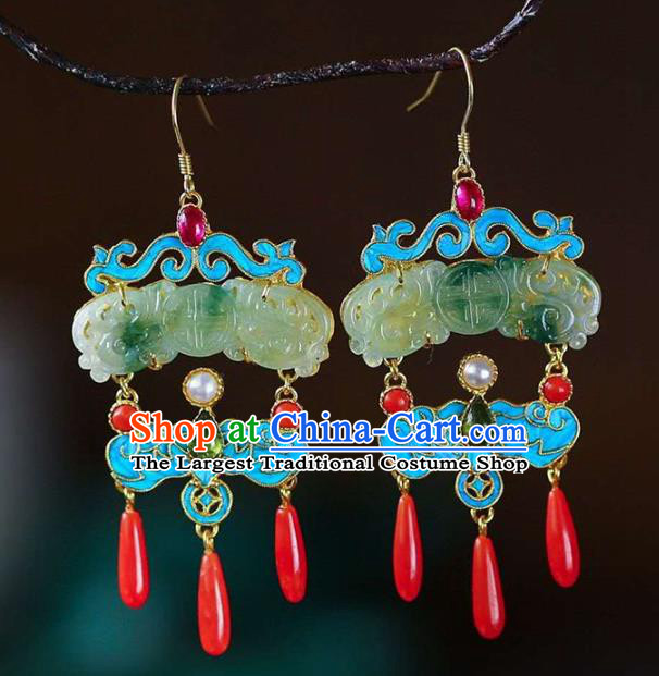 Handmade China Qing Dynasty Palace Ear Jewelry Accessories Traditional Cheongsam Blueing Jade Earrings