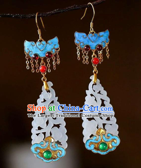 Handmade China Qing Dynasty Jade Ear Jewelry Accessories Traditional Cheongsam Blueing Bat Earrings