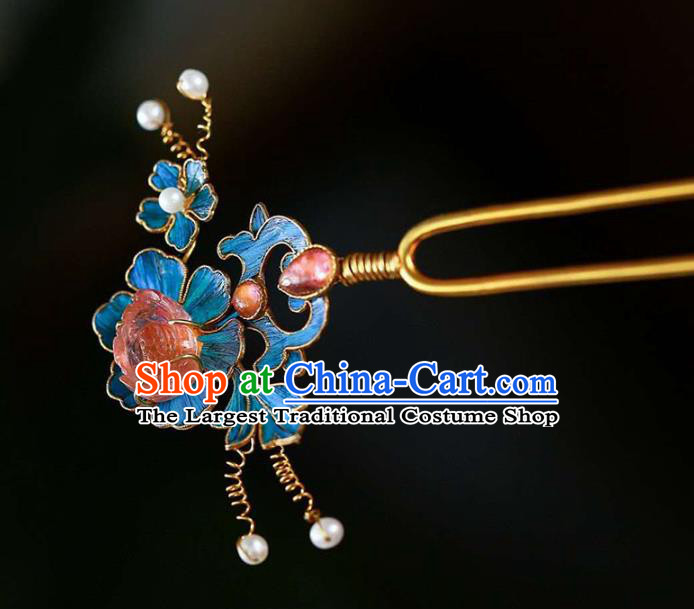 Chinese Traditional Blueing Peony Hair Jewelry Handmade Qing Dynasty Empress Tourmaline Hairpin