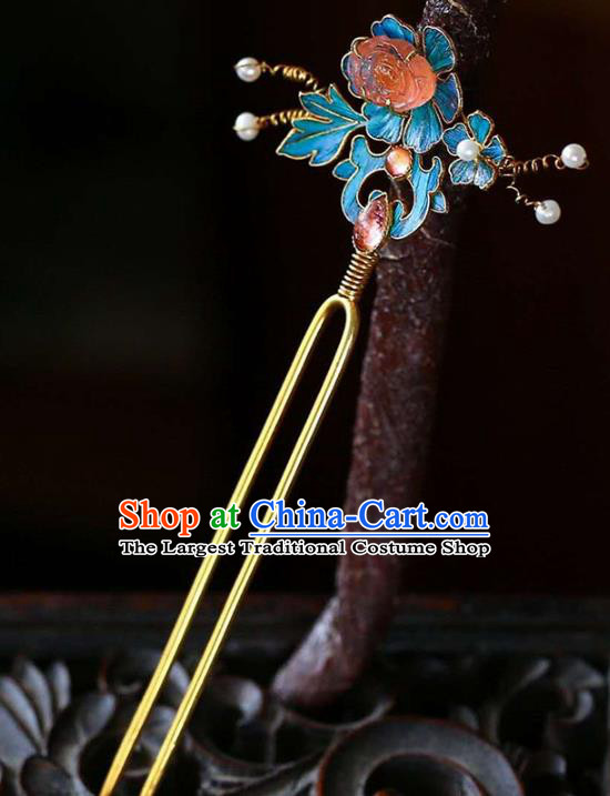 Chinese Traditional Blueing Peony Hair Jewelry Handmade Qing Dynasty Empress Tourmaline Hairpin