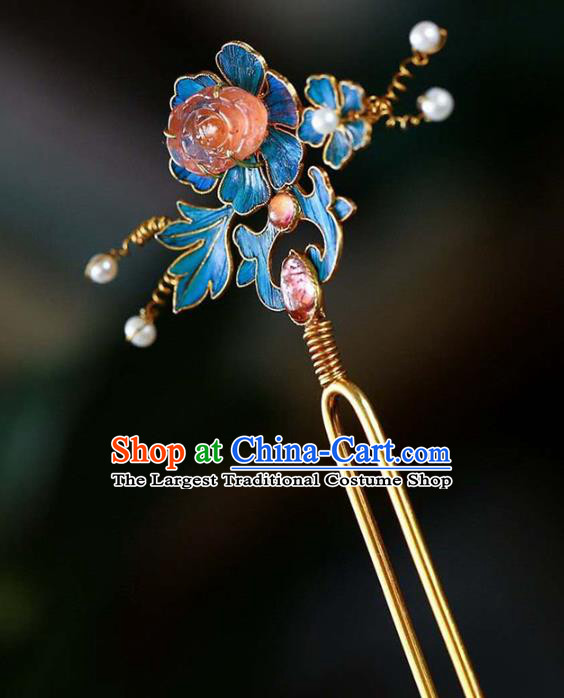 Chinese Traditional Blueing Peony Hair Jewelry Handmade Qing Dynasty Empress Tourmaline Hairpin