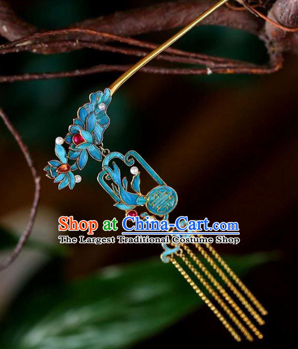 Chinese Traditional Qing Dynasty Blueing Lotus Hair Jewelry Handmade Ancient Empress Tassel Hairpin