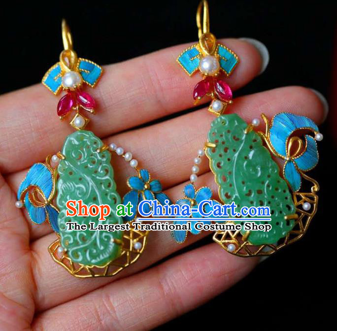 Handmade China Qing Dynasty Jade Ear Jewelry Accessories Traditional Cheongsam Pearls Earrings