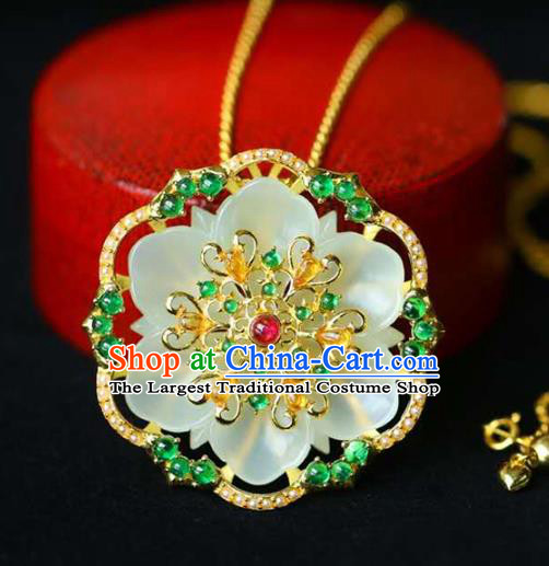 Chinese National Classical Jade Carving Flower Necklace Accessories Handmade Golden Necklet Pendant