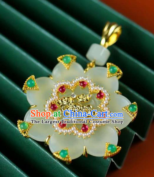 Chinese National Classical Pearls Necklace Accessories Handmade Jade Flower Golden Necklet Pendant