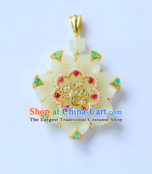 Chinese National Classical Pearls Necklace Accessories Handmade Jade Flower Golden Necklet Pendant