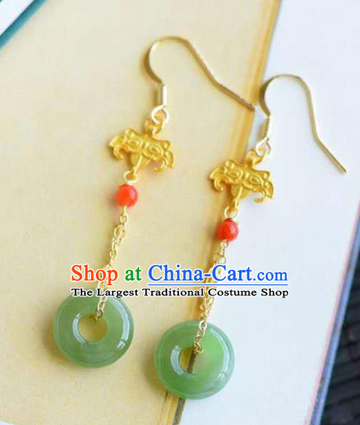 Handmade China Golden Eardrop National Jewelry Accessories Traditional Cheongsam Jade Peace Buckle Earrings