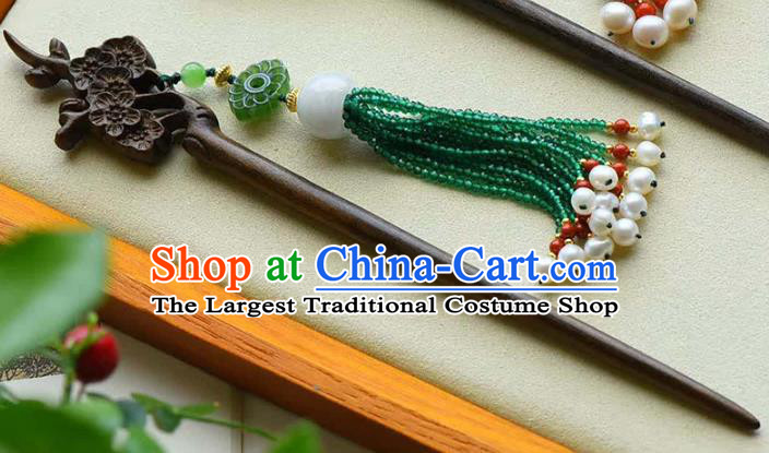 Chinese Traditional Green Beads Tassel Hairpin Handmade Ebony Carving Plum Hair Accessories