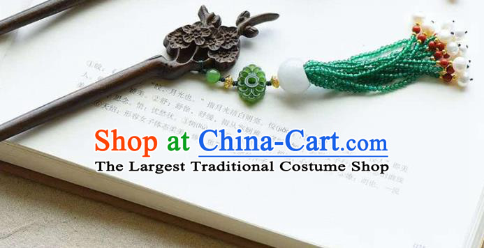 Chinese Traditional Green Beads Tassel Hairpin Handmade Ebony Carving Plum Hair Accessories