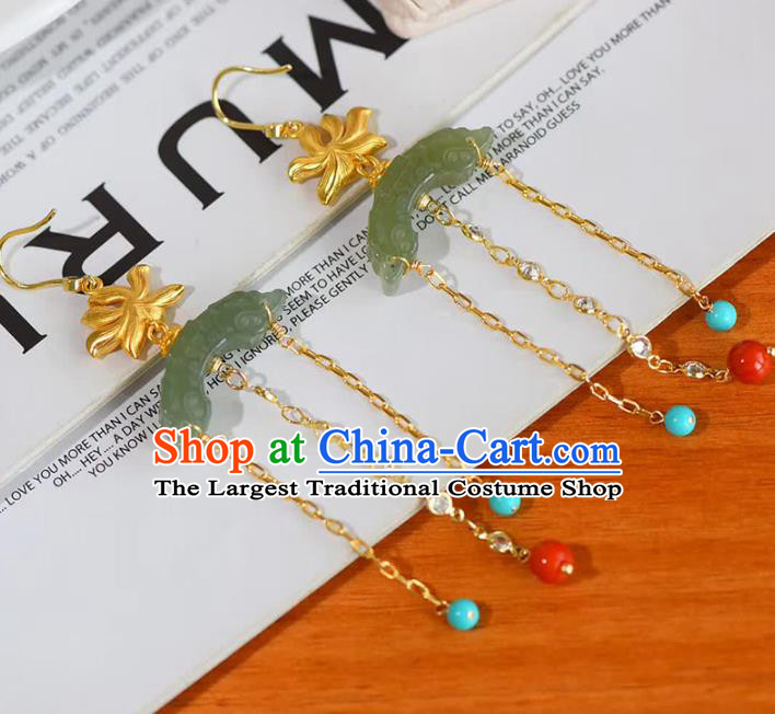 Handmade China Golden Lotus Eardrop National Jewelry Accessories Traditional Cheongsam Jade Moon Earrings