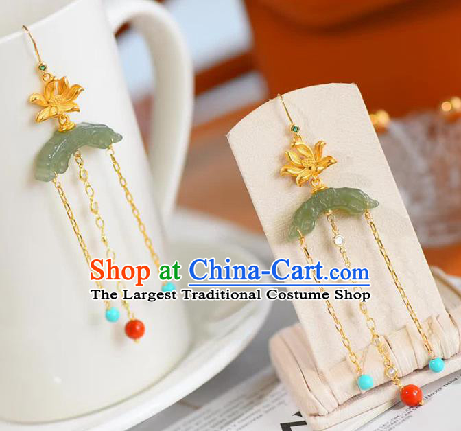 Handmade China Golden Lotus Eardrop National Jewelry Accessories Traditional Cheongsam Jade Moon Earrings