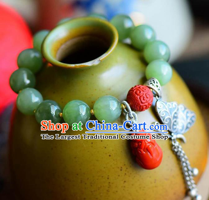 China Handmade Jade Beads Bracelet Traditional Jewelry Accessories National Silver Butterfly Tassel Bangle